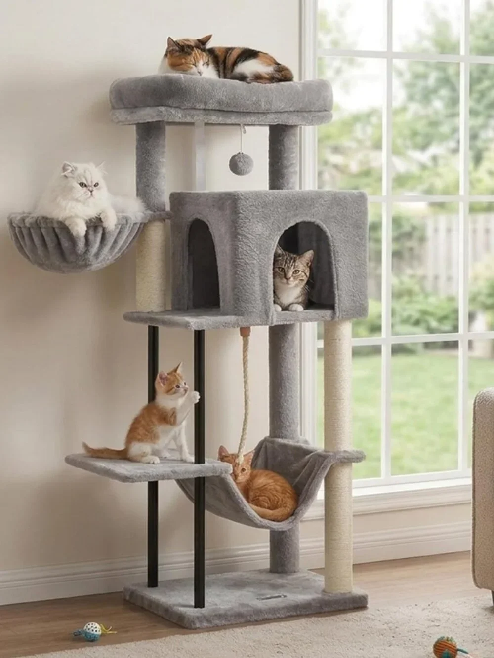 Cozy 43.3'' Cat Tree Tower with Hammock, Scratching Post & Large Platform, Light